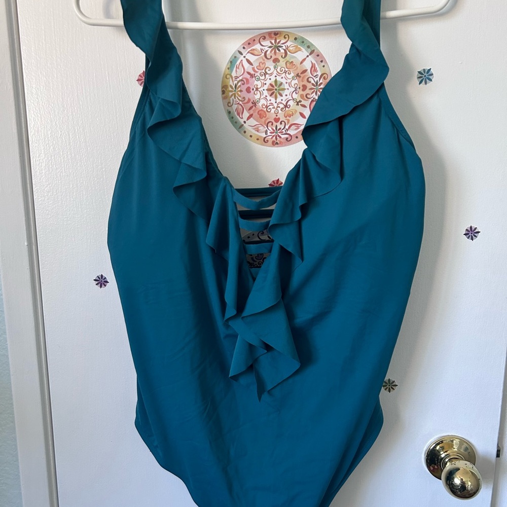 Bleu Rod Beattie Teal Swimsuit with Ruffles